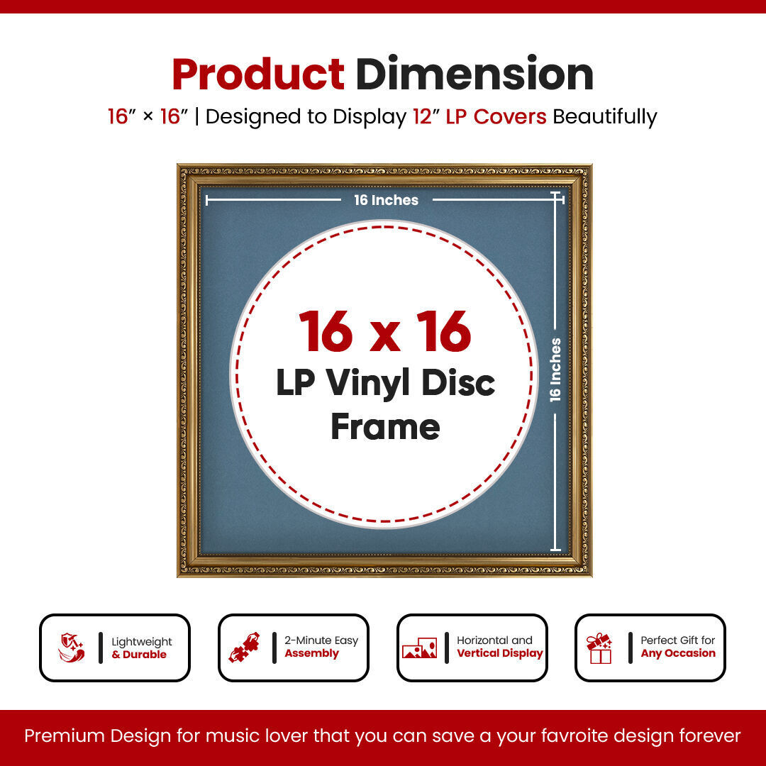 16x16" Ornate Gold Vintage Vinyl Record Frame With Pompadour Mount For 12-Inch LP Disc - Elegant Vinyl Display