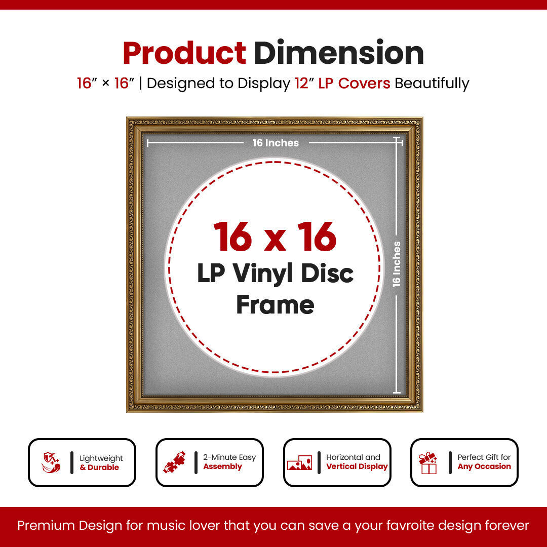 16x16" Ornate Gold Vintage Vinyl Record Frame With Silver Mount For 12-Inch LP Disc - Elegant Vinyl Display
