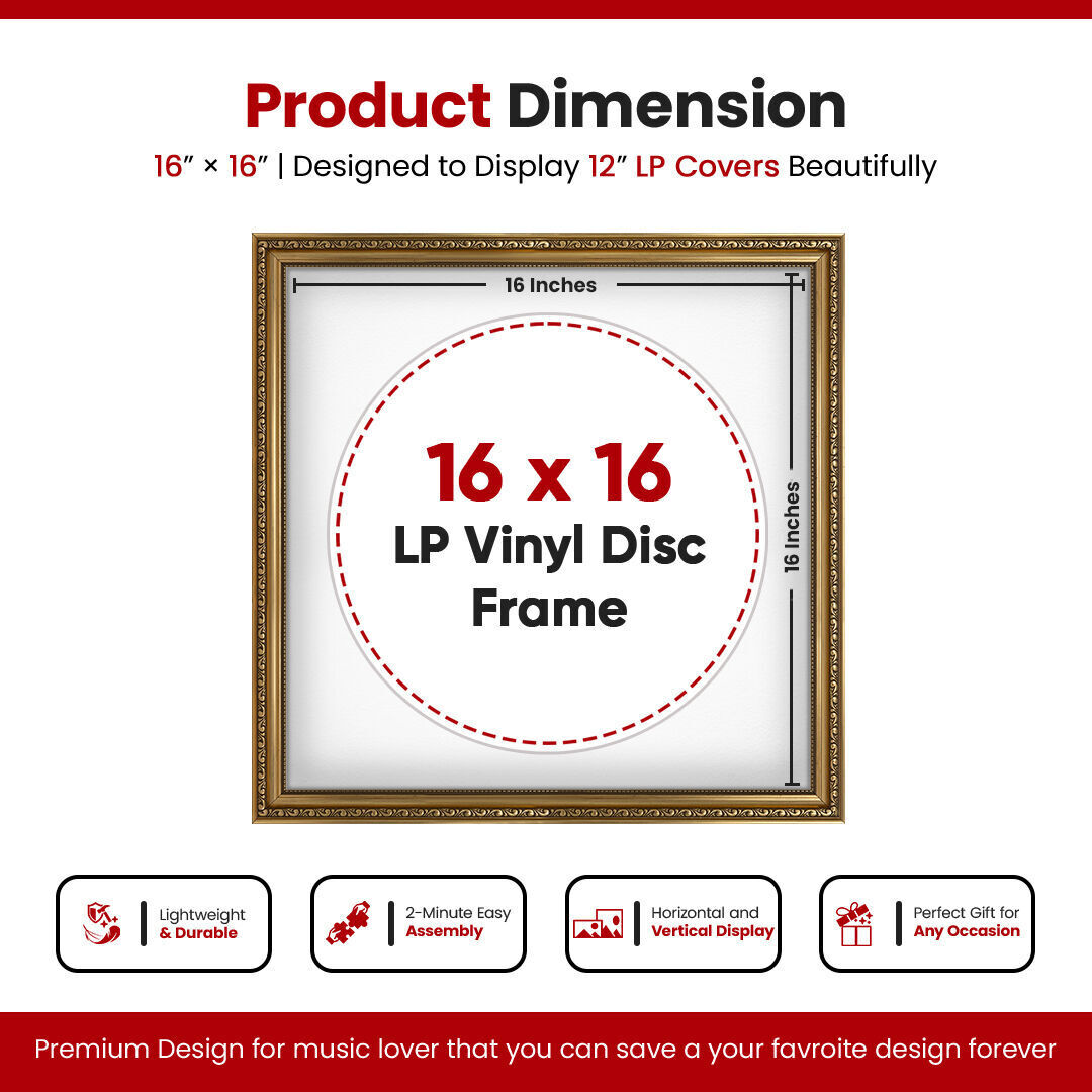 16x16" Ornate Gold Vintage Vinyl Record Frame With Ice White Mount For 12-Inch LP Disc - Elegant Vinyl Display