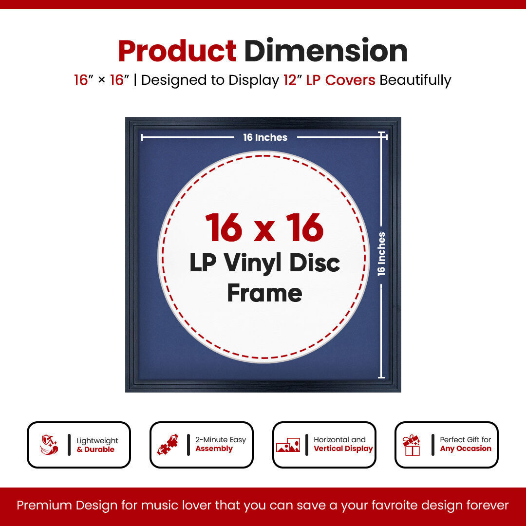 16X16" Black Step Vinyl Record Frame With Blue Mount For 12 Inch LP Disc - Elegant Display For Music Lovers