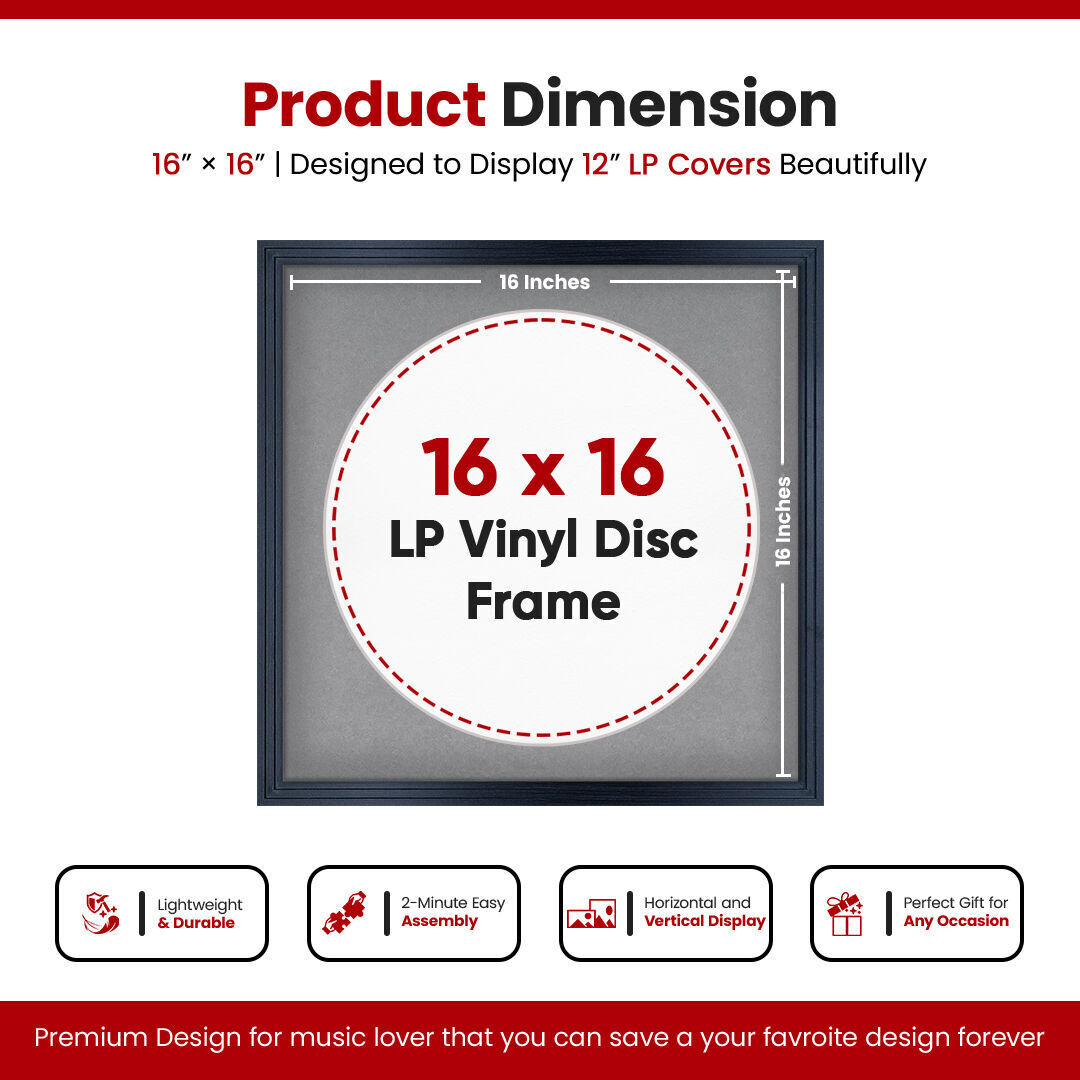 16X16" Black Step Vinyl Record Frame With Mid Grey Mount For 12 Inch LP Disc - Elegant Display For Music Lovers