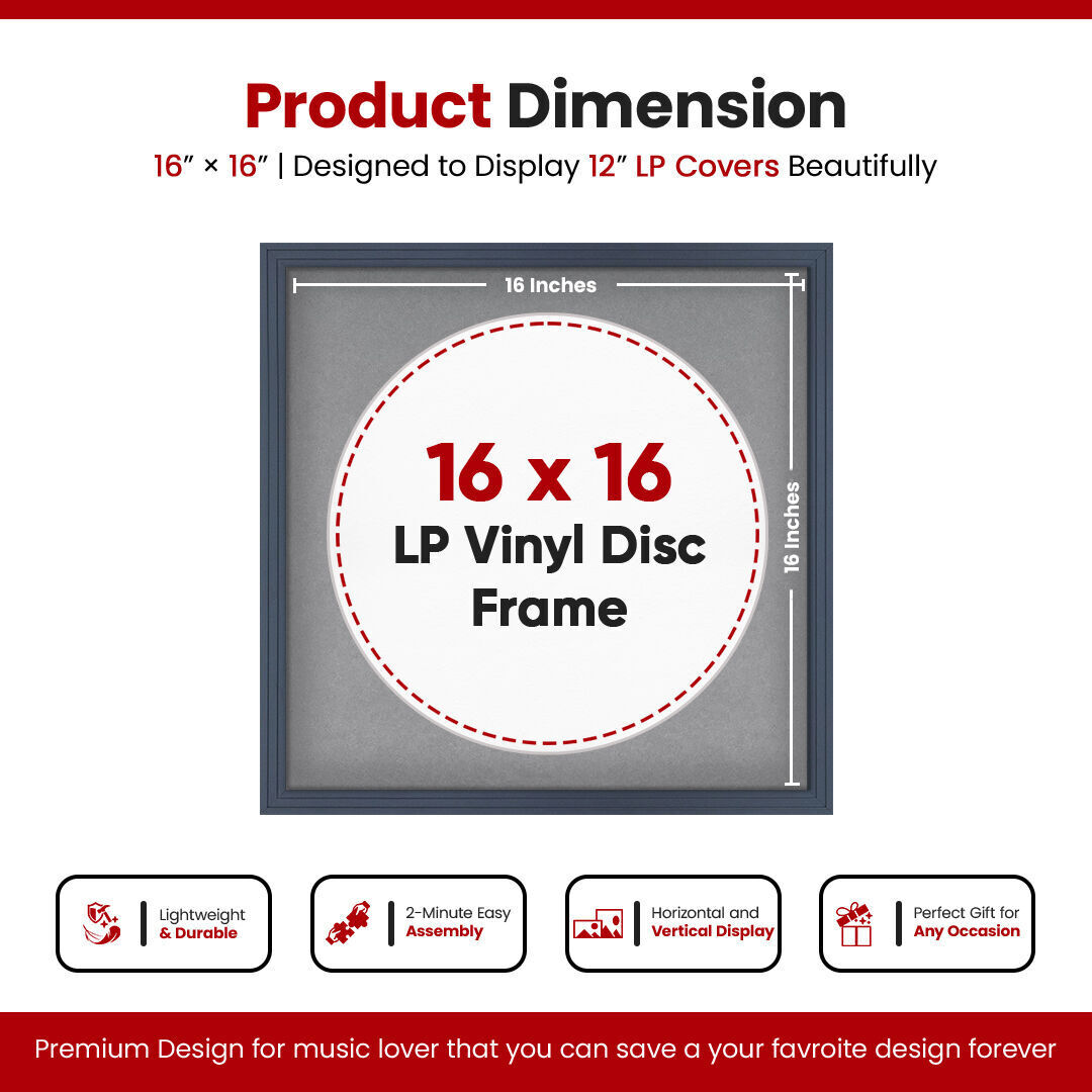 16X16" Dark Grey Step Vinyl Record Frame With Ice White Mount 12 Inch LP Disc - Stylish Display Frame