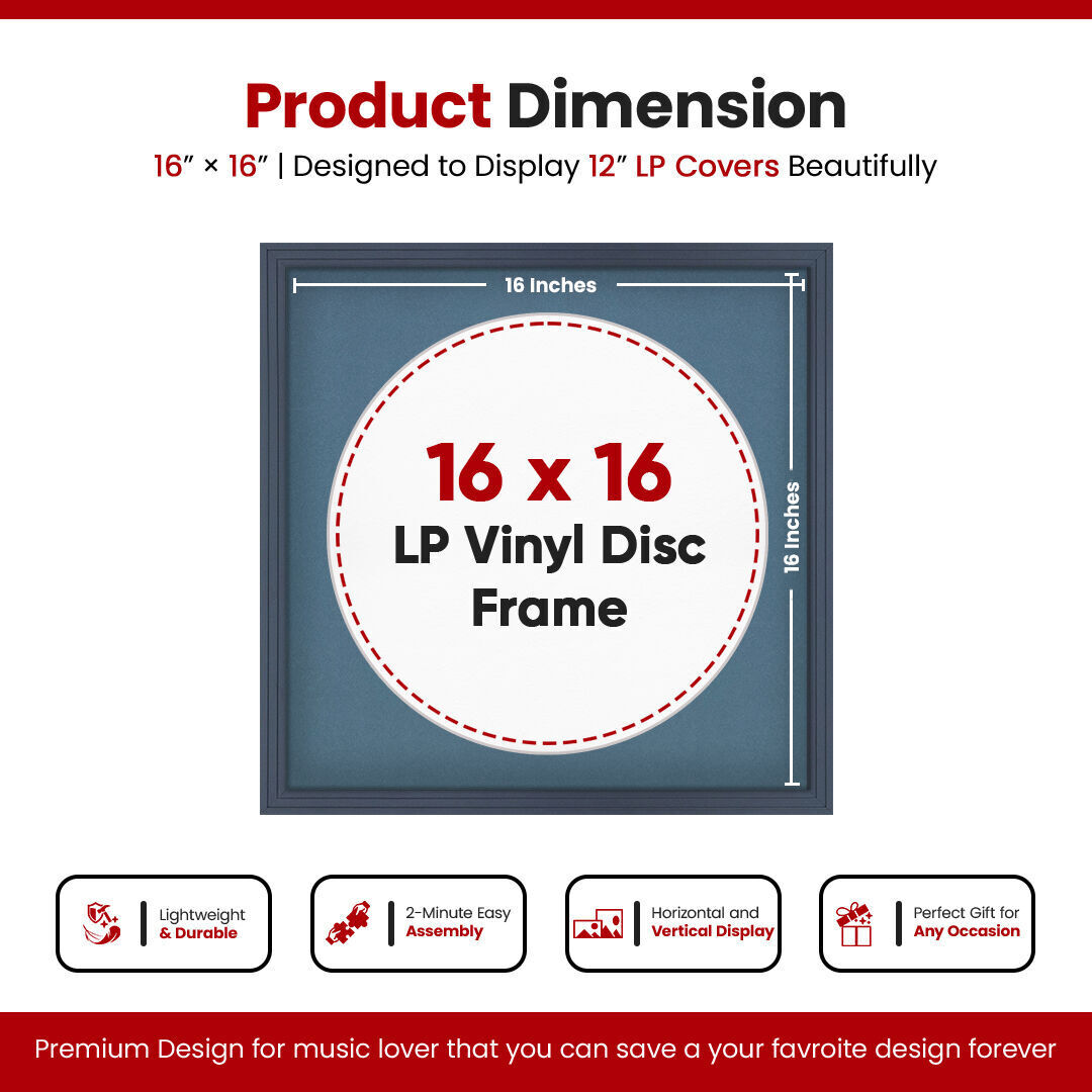 16X16" Dark Grey Step Vinyl Record Frame With Pompador Mount 12 Inch LP Disc - Stylish Display Frame