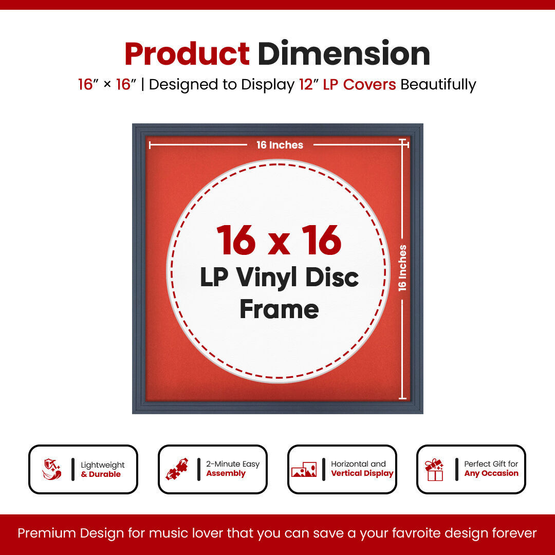 16X16" Dark Grey Step Vinyl Record Frame With Poppy Red Mount For 12 Inch LP Disc - Premium Vinyl Display