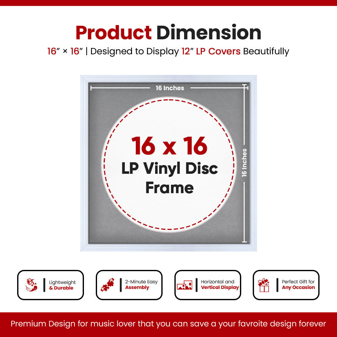 16X16" White Step Vinyl Record Frame With Mid Grey Mount For 12 Inch LP Disc - Premium Vinyl Display