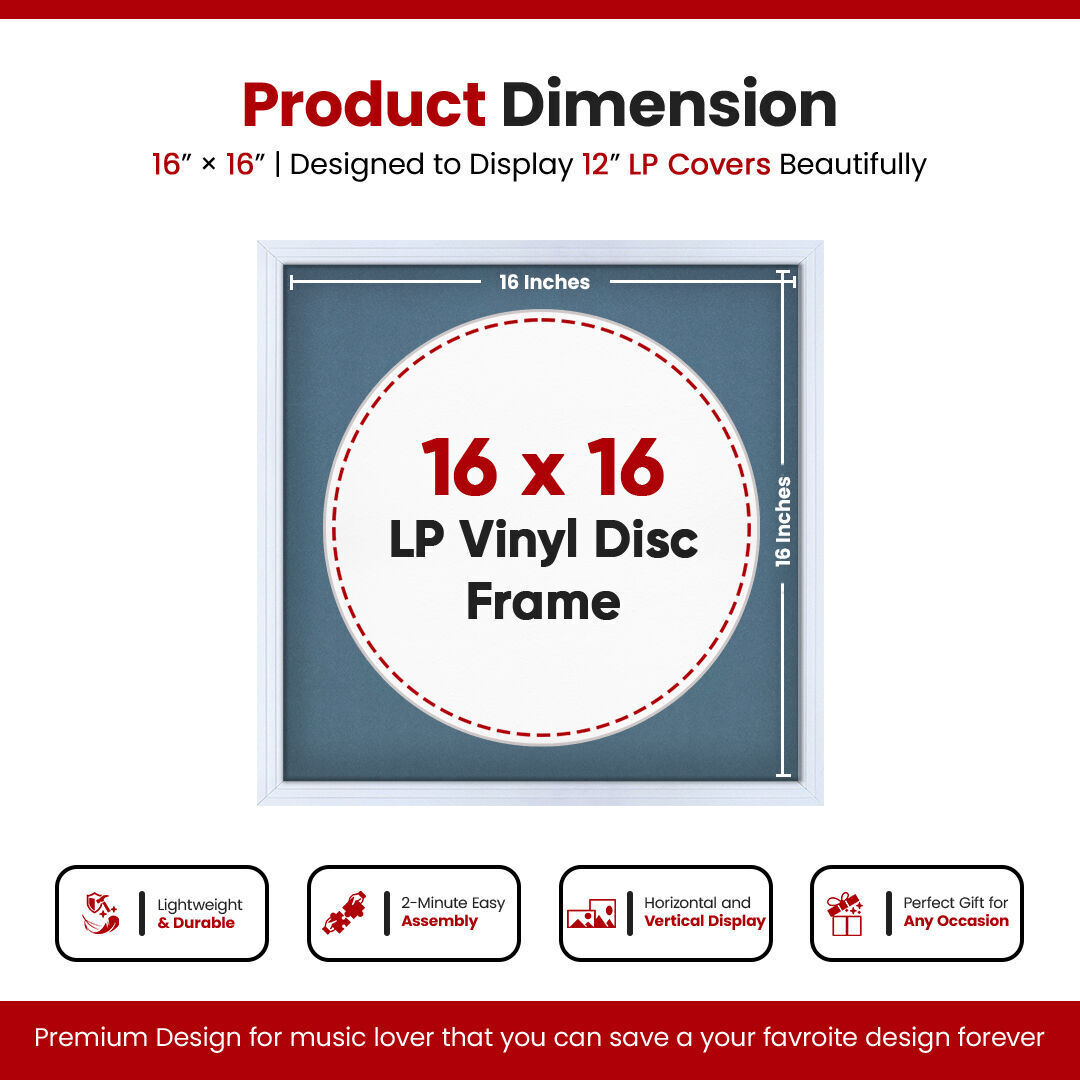 16X16" White Step Vinyl Record Frame With Pompador Mount For 12 Inch LP Disc - Elegant Display For Music Lovers