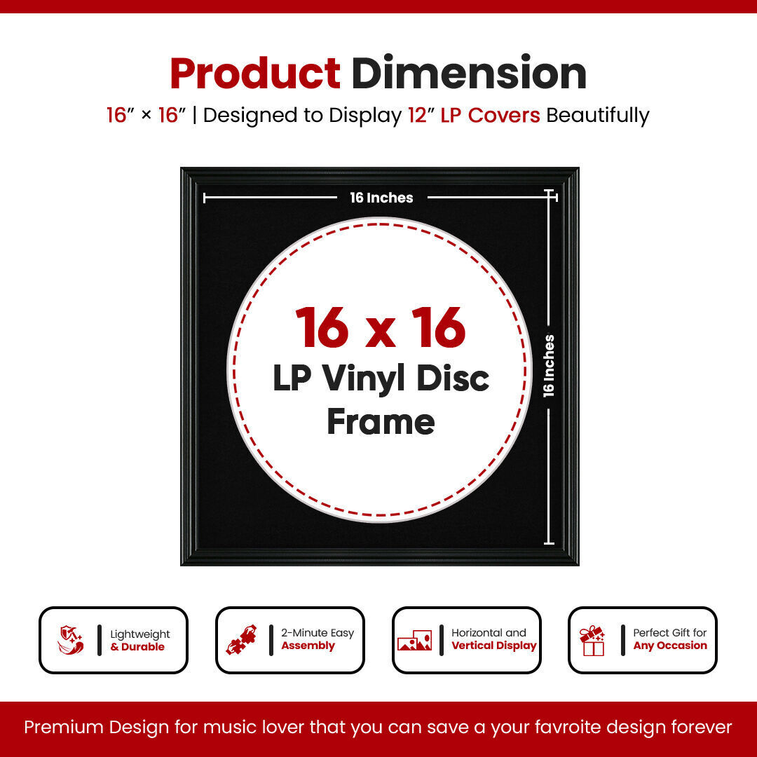 16X16" Black Swept Vinyl Record Frame With Black Mount For 12 Inch LP Disc - Elegant Display For Music Lovers