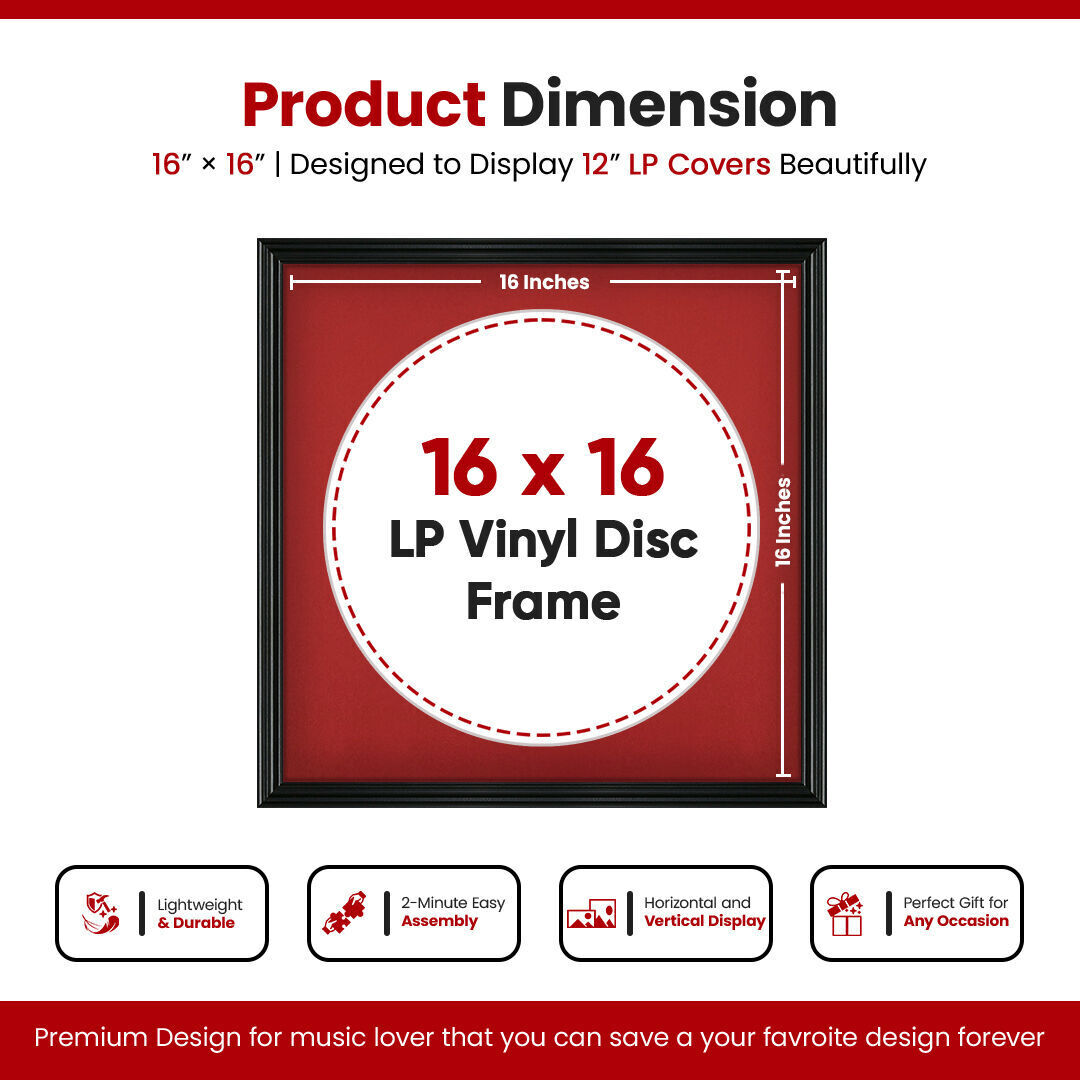 16X16" Black Swept Vinyl Record Frame With Crimson Mount For 12 Inch LP Disc - Premium Vinyl Display