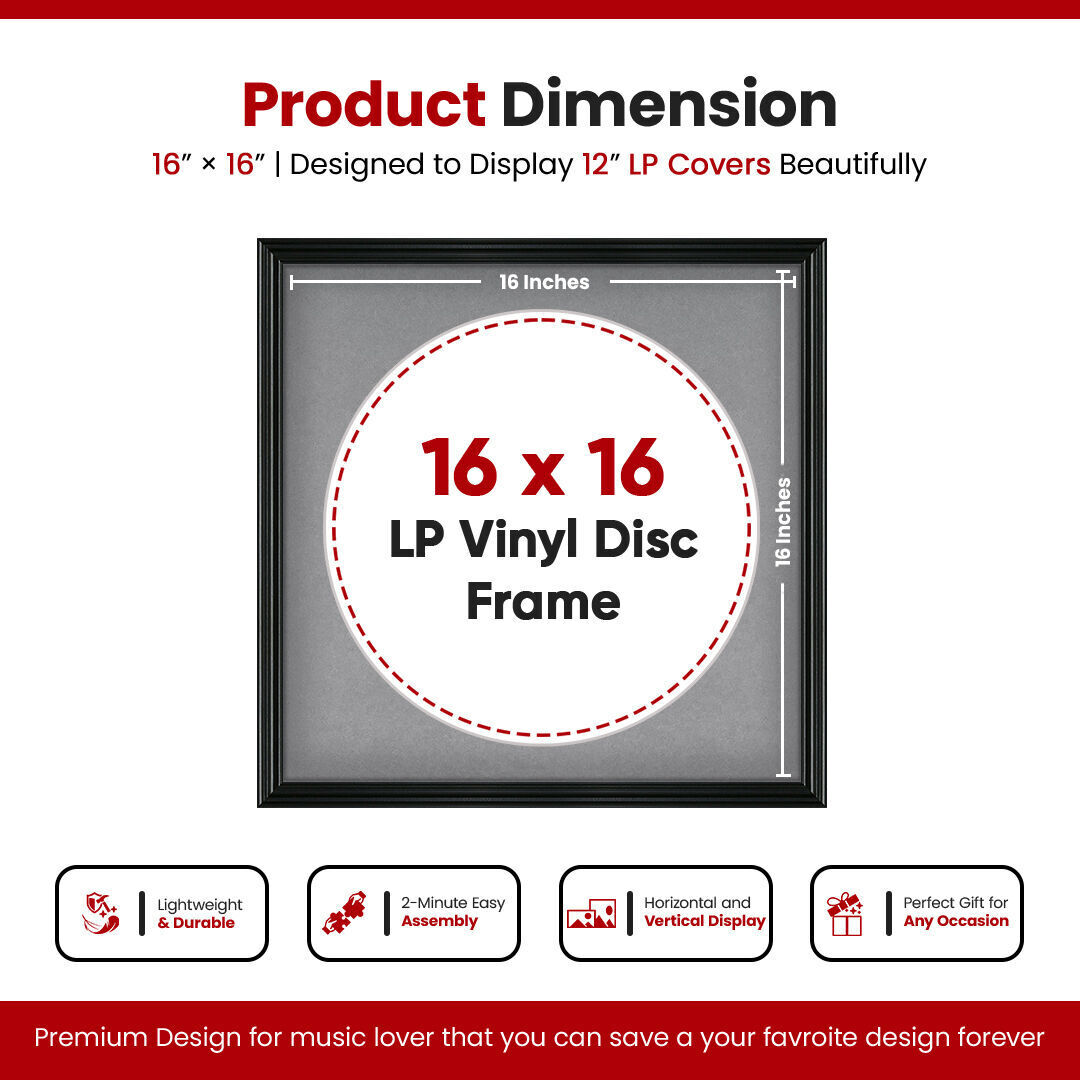 16X16" Black Swept Vinyl Record Frame With Mid Grey Mount For 12 Inch LP Disc - Premium Vinyl Display