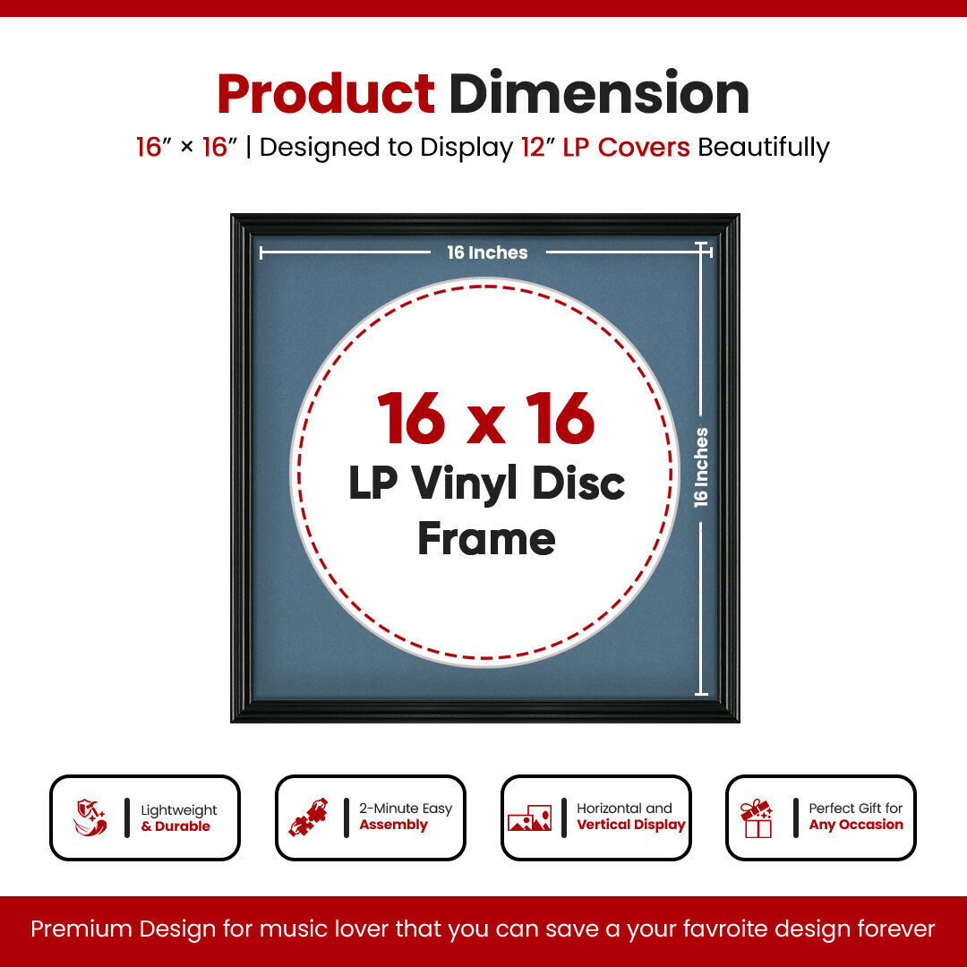16X16" Black Swept Vinyl Record Frame With Pompador Mount For 12 Inch LP Disc - Premium Vinyl Display