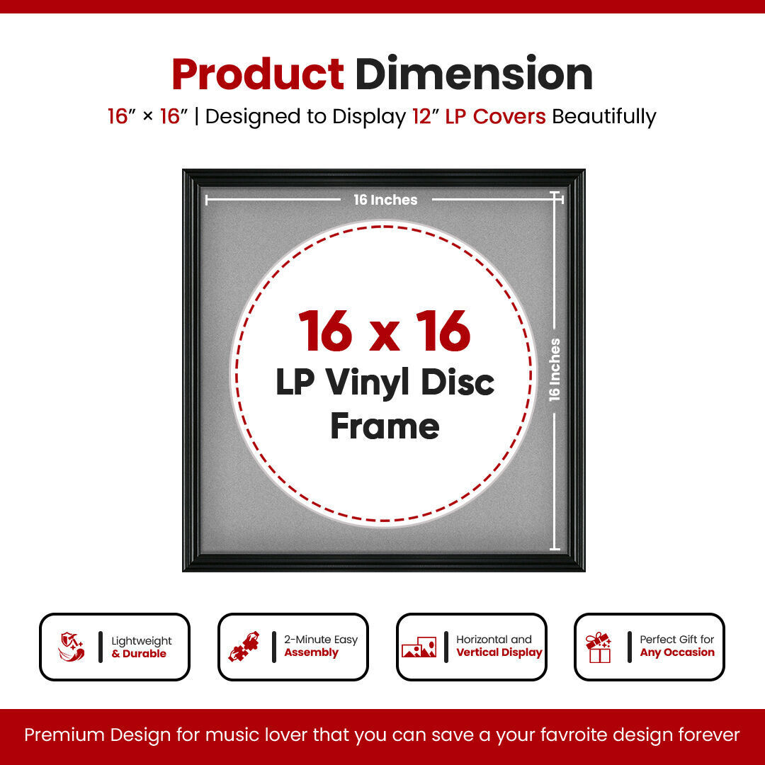 16X16" Black Swept Vinyl Record Frame With Silver Mount 12 Inch LP Disc - Stylish Display Frame