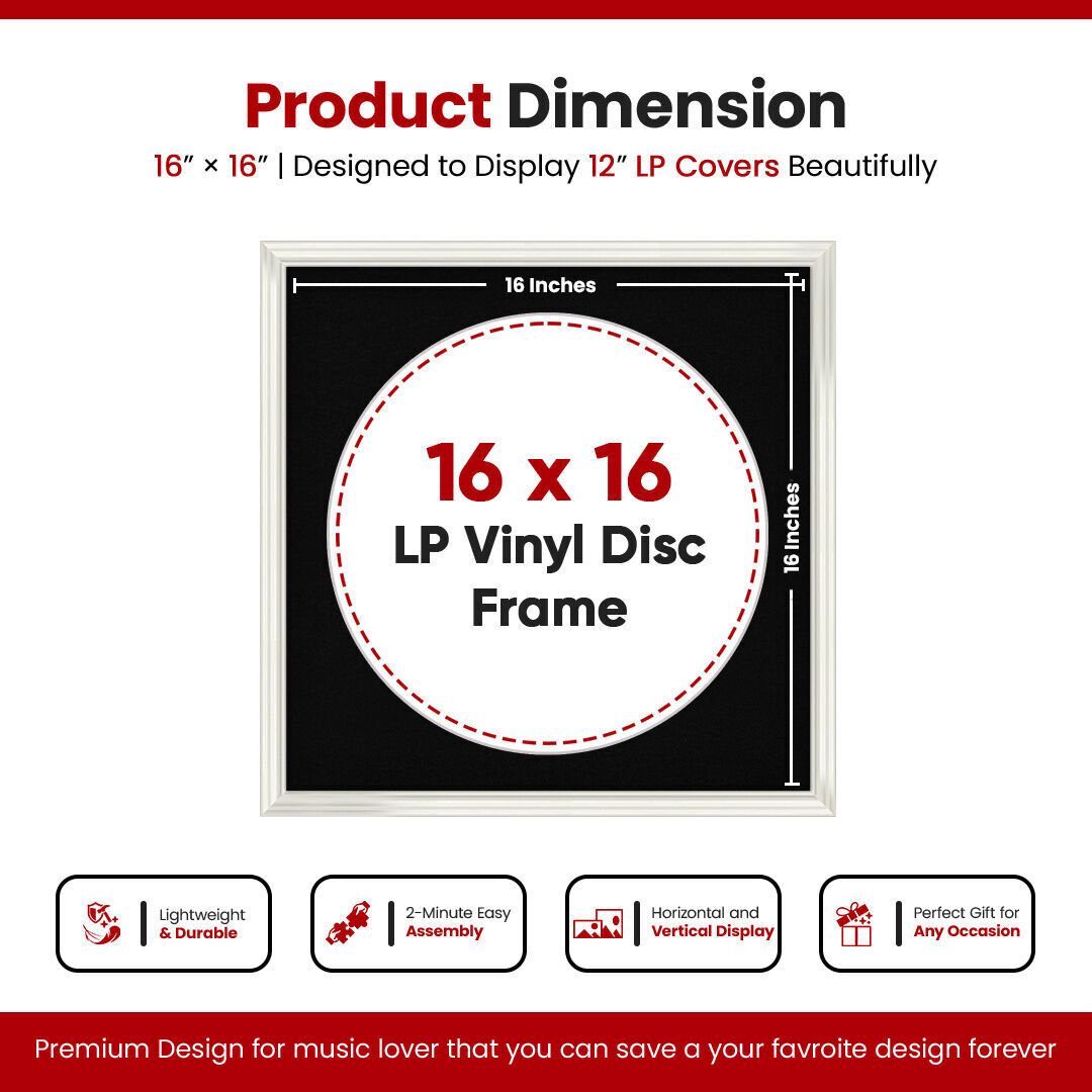 16X16" White Swept Vinyl Record Frame With Black Mount 12 Inch LP Disc - Stylish Display Frame