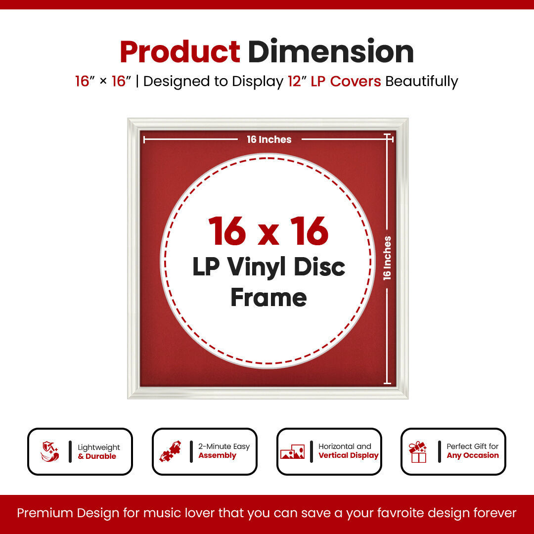 16X16" White Swept Vinyl Record Frame With Crimson Mount For 12 Inch LP Disc - Elegant Display For Music Lovers