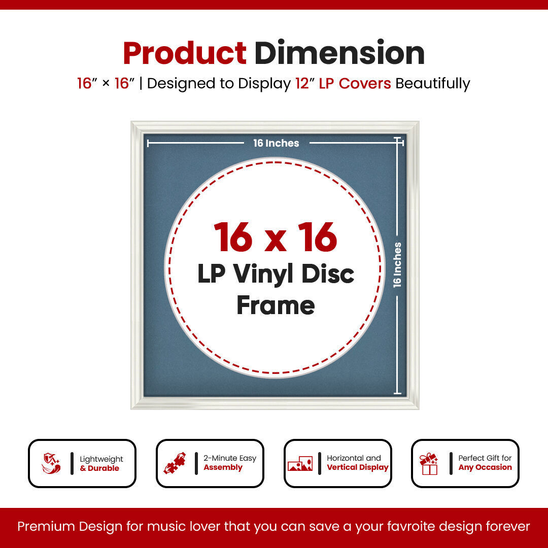 16X16" White Swept Vinyl Record Frame With Pompador Mount For 12 Inch LP Disc - Elegant Display For Music Lovers
