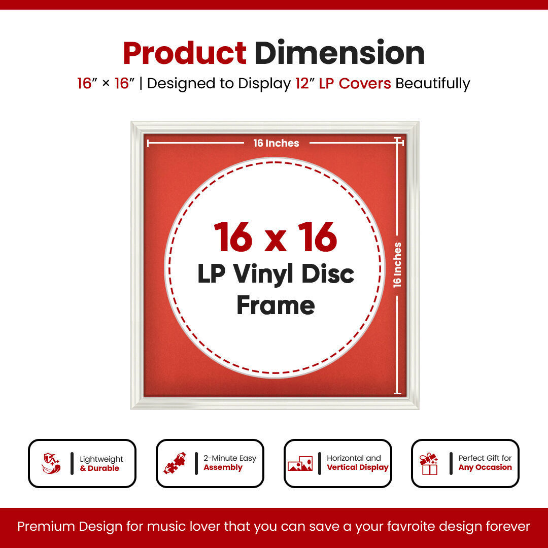 16X16" White Swept Vinyl Record Frame With Poppy Red Mount 12 Inch LP Disc - Stylish Display Frame