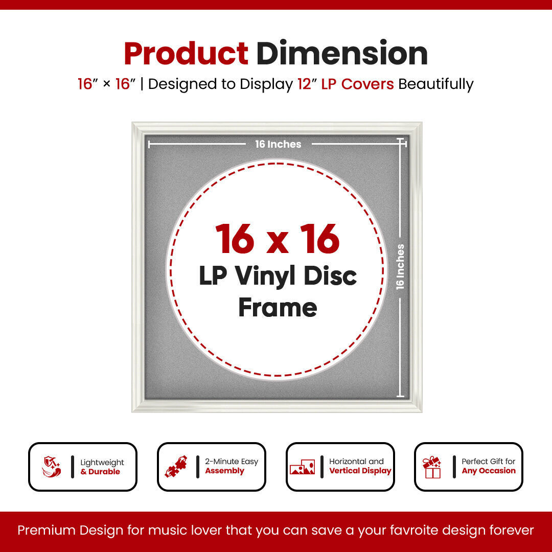 16X16" White Swept Vinyl Record Frame With Silver Mount 12 Inch LP Disc - Stylish Display Frame