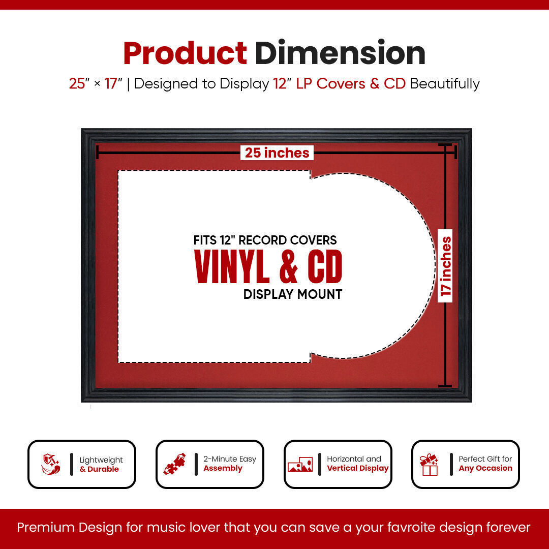 25X17" Black Classic Vinyl Record Frame With Crimson Mount For 12" LP Cover & Disc (Overlapped)