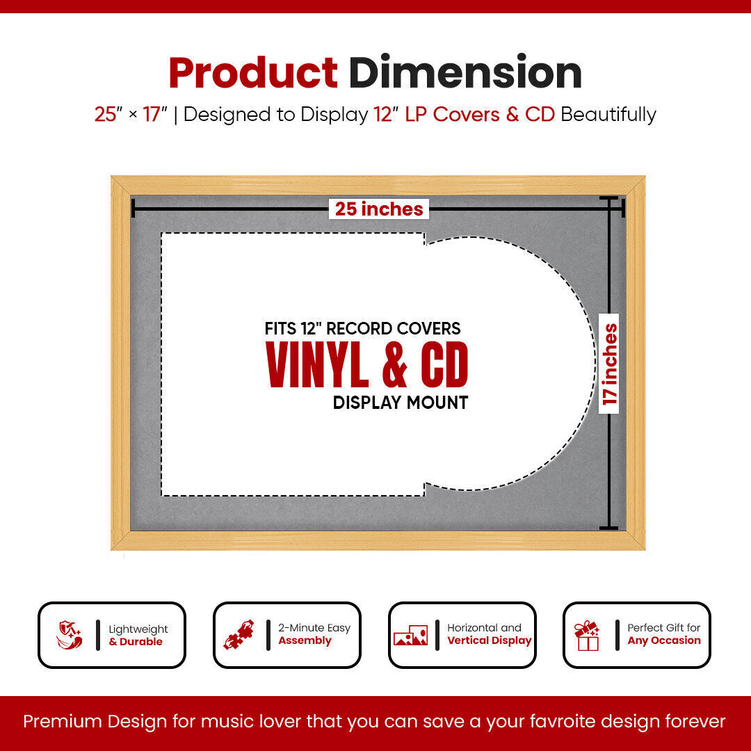 25X17" Country Pine Classic Vinyl Record Frame With Mid Grey Mount For 12" LP Cover & Disc - Vinyl Overlapped Design