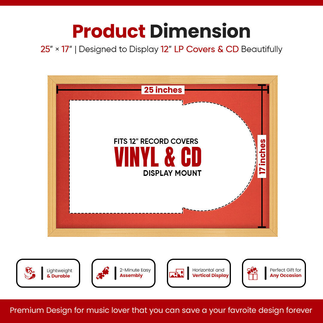 25X17" Country Pine Classic Vinyl Record Frame With Poppy Red Mount For Overlapped 12" LP Cover & Disc - Elegant Display Design