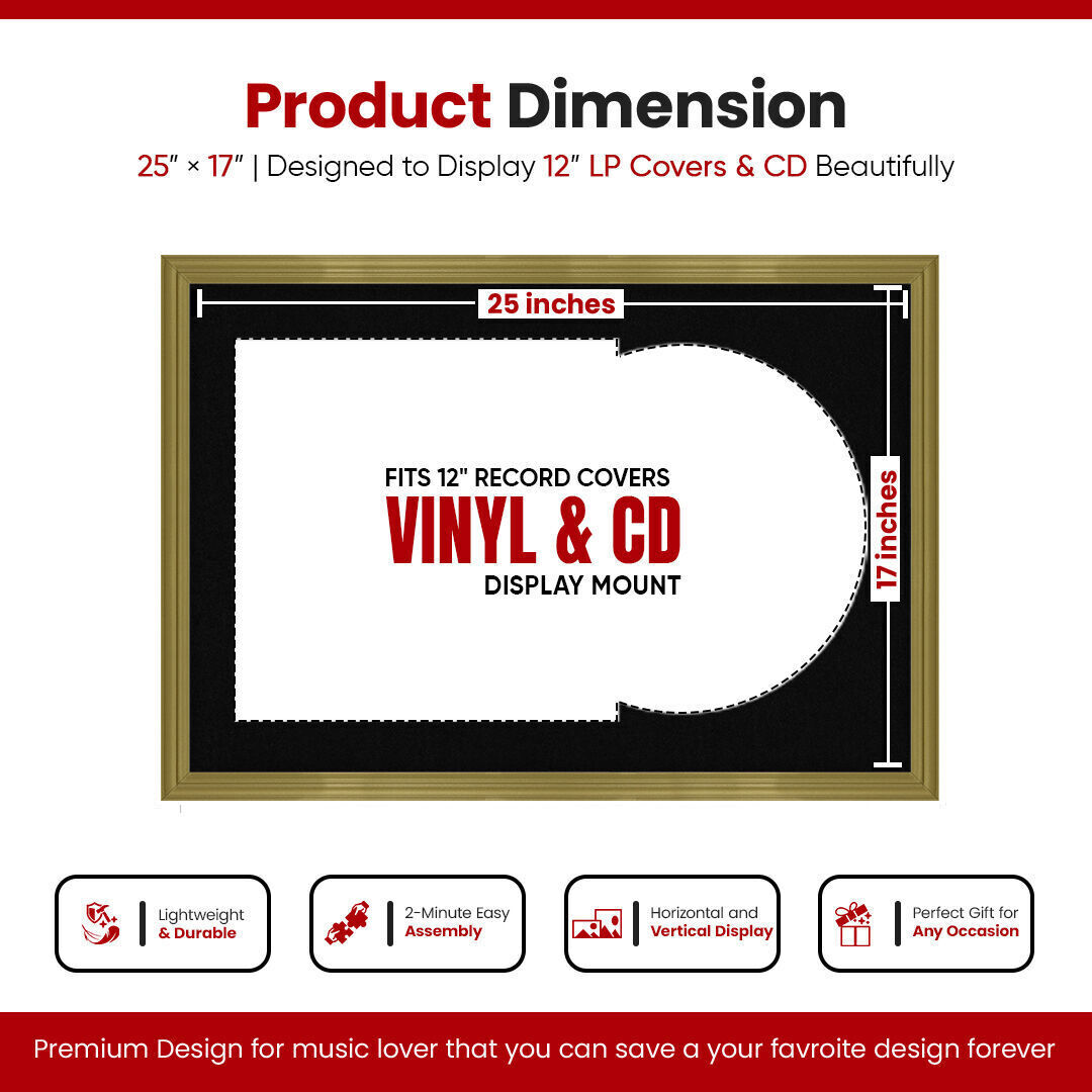 25X17" Gold Classic Vinyl Record Frame With Black Mount For Overlapped 12" LP Cover & Disc - Elegant Display Design