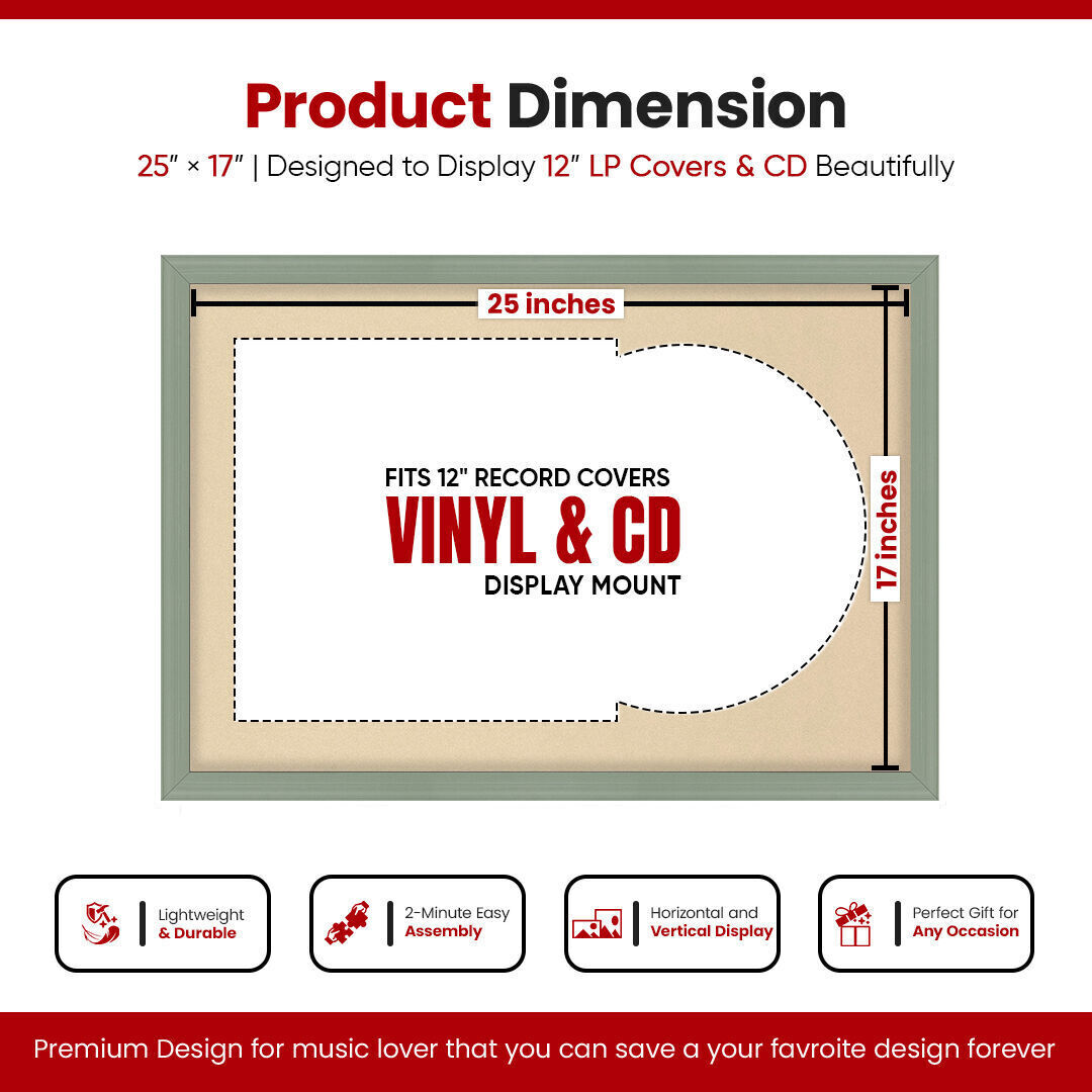 25X17" Green Classic Vinyl Record Frame With Ivory Mount For Overlapped 12" LP Cover & Disc - Elegant Display Design
