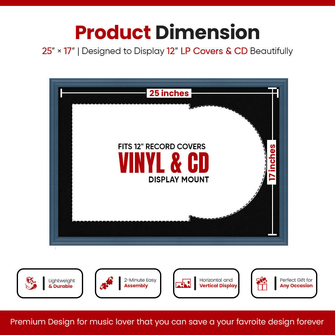 25X17" Navy Blue Classic Vinyl Record Frame With Black Mount For Overlapped 12" LP Cover & Disc - Elegant Display Design