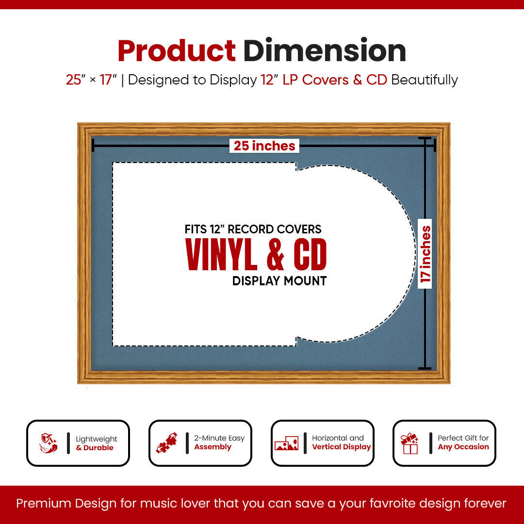 25X17" Oak Classic Vinyl Record Frame With Pompador Mount For Overlapped 12" LP Cover & Disc