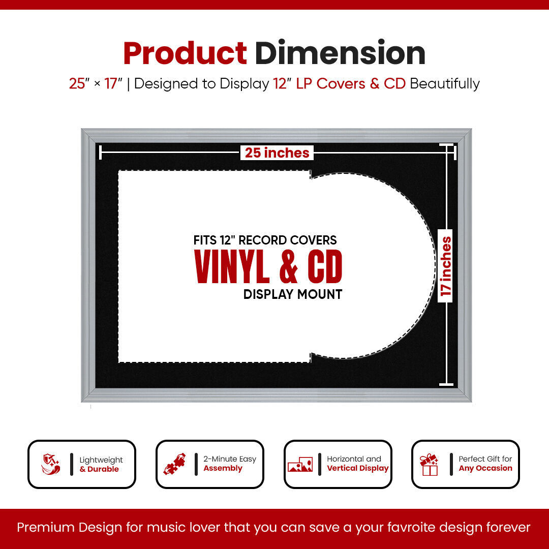 25X17" Silver Classic Vinyl Record Frame With Black Mount For 12" LP Cover & Disc - Vinyl Overlapped Design