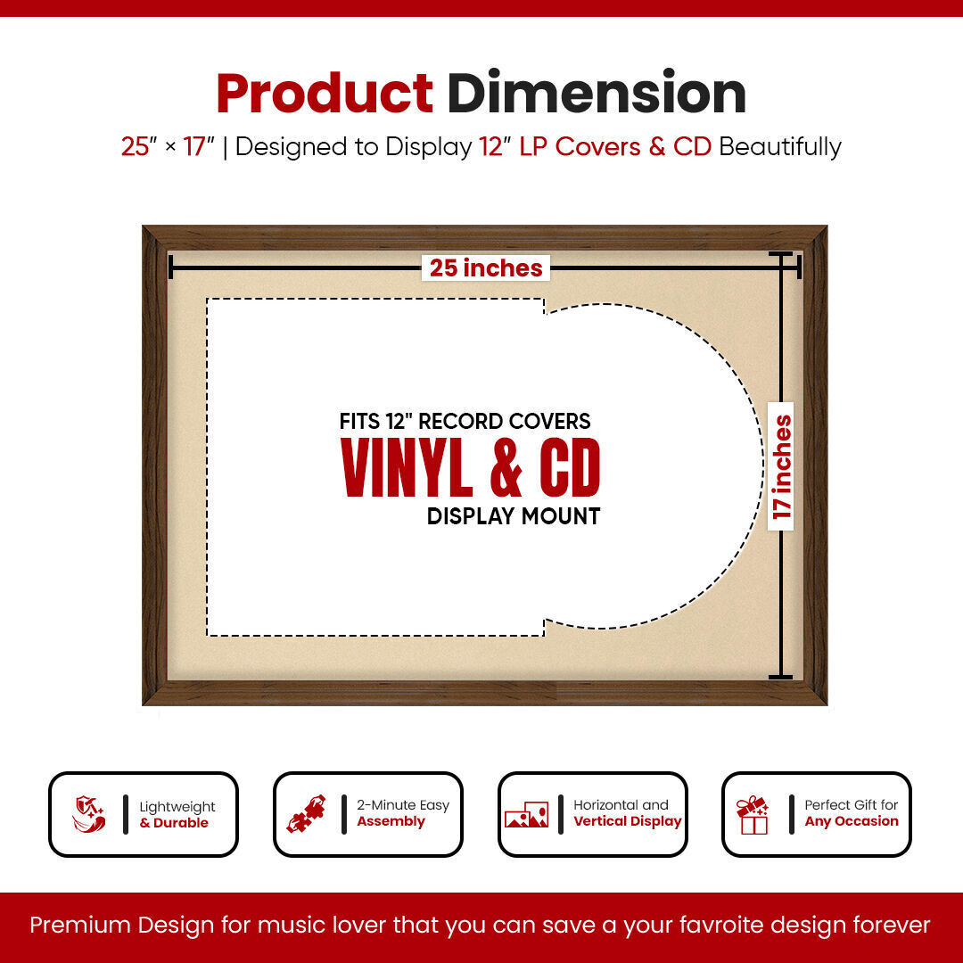 25X17" Walnut Classic Vinyl Record Frame With Ivory Mount For Overlapped 12" LP Cover & Disc - Elegant Display Design