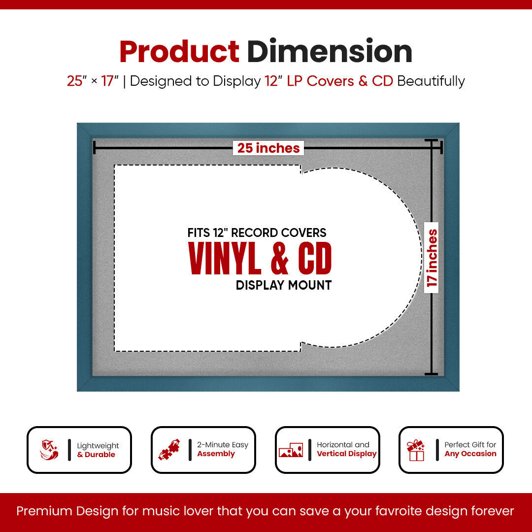 25X17" Navy Blue Modern Sleek Vinyl Record Frame With Silver Mount For Overlapped 12" LP Cover & Disc