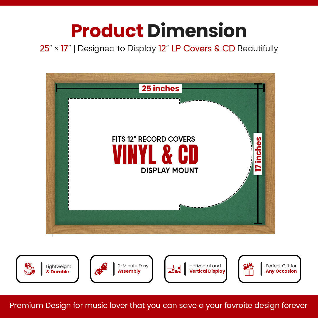 25X17" Oak Modern Sleek Vinyl Record Frame With Emerald (Green) Mount For Overlapped 12" LP Cover & Disc