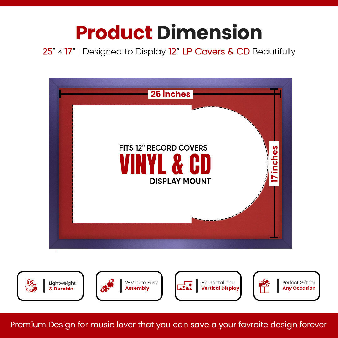 25X17" Purple Modern Sleek Vinyl Record Frame With Crimson Mount For Overlapped 12" LP Cover & Disc - Elegant Display Design