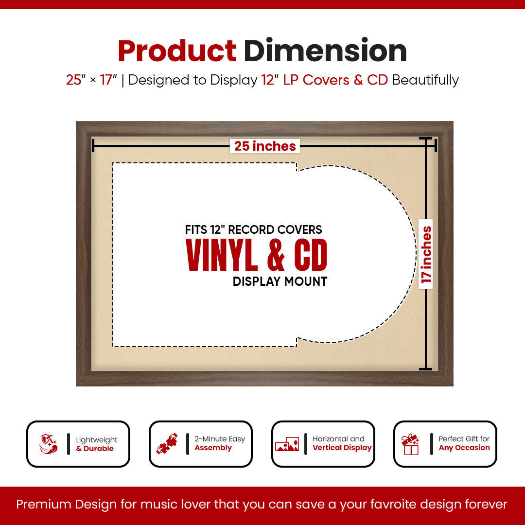 25X17" Walnut Modern Sleek Vinyl Record Frame With Ivory Mount For Overlapped 12" LP Cover & Disc