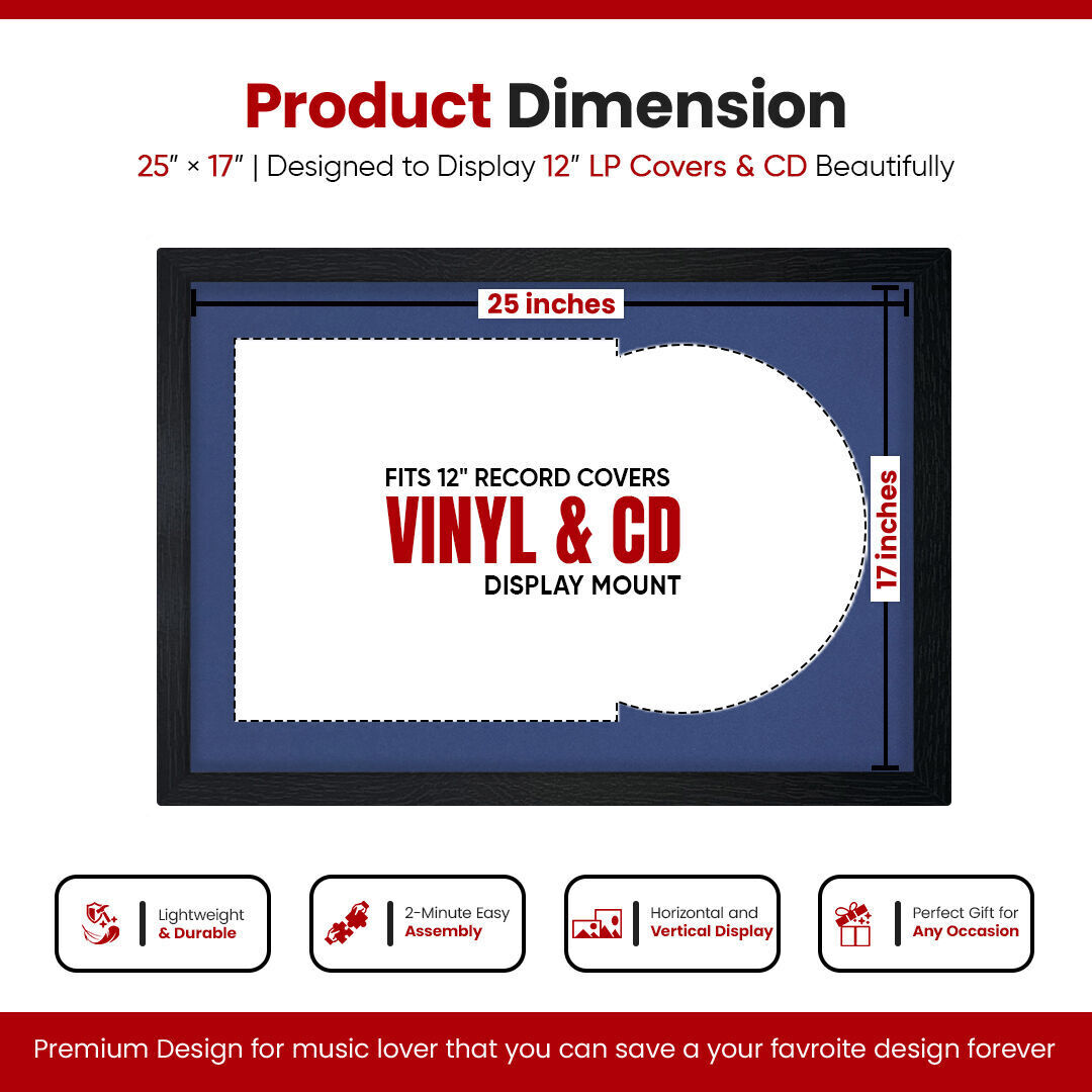 25X17" Black Modern Vinyl Record Frame With Blue Mount For Overlapped 12" LP Cover & Disc - Elegant Display Design