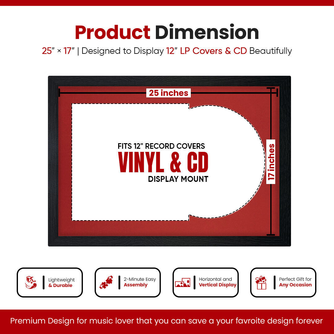 25X17" Black Modern Vinyl Record Frame With Crimson Mount For 12" LP Cover & Disc (Overlapped)