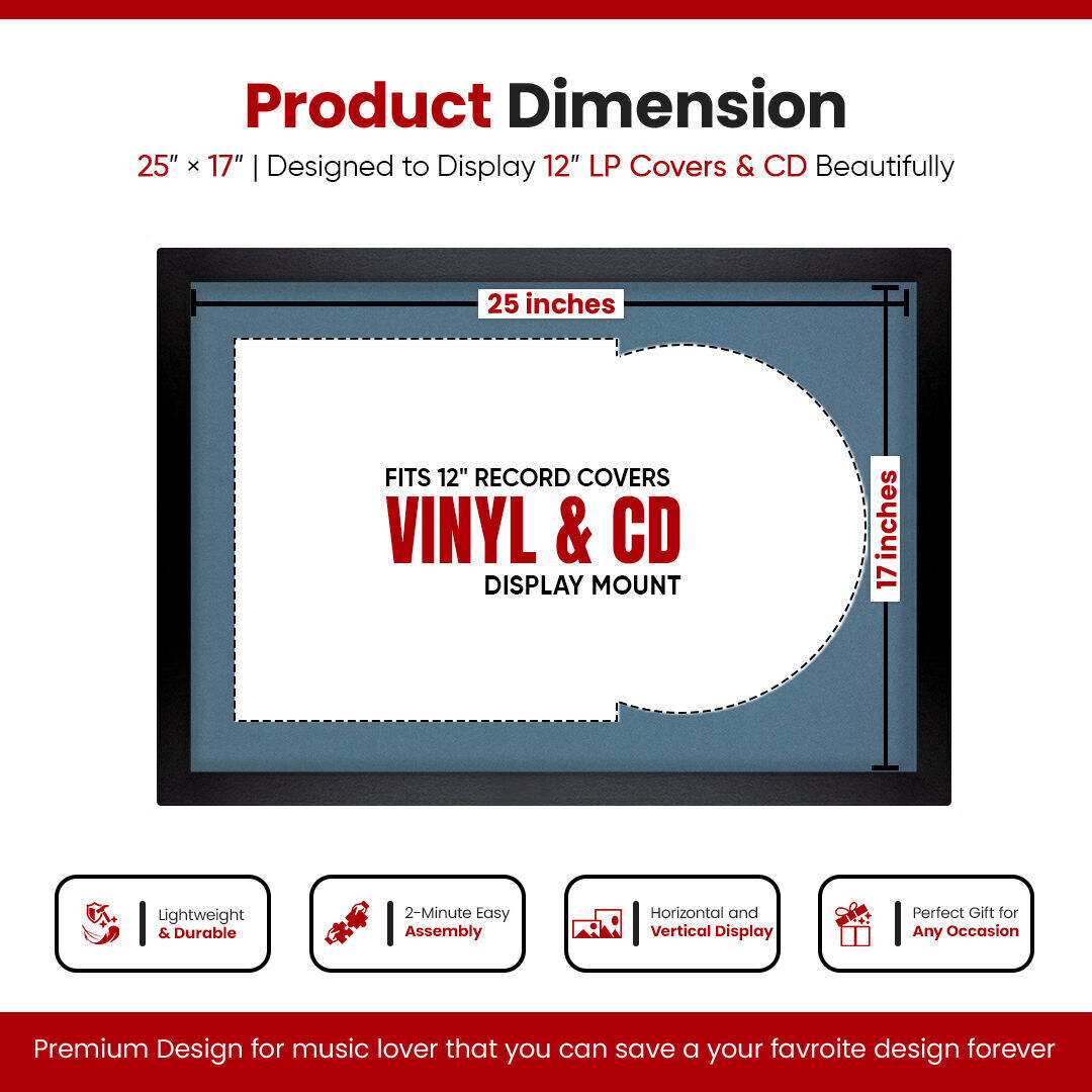 25X17" Mat Black Modern Vinyl Record Frame With Pompador Mount For 12" LP Cover & Disc - Vinyl Overlapped Design