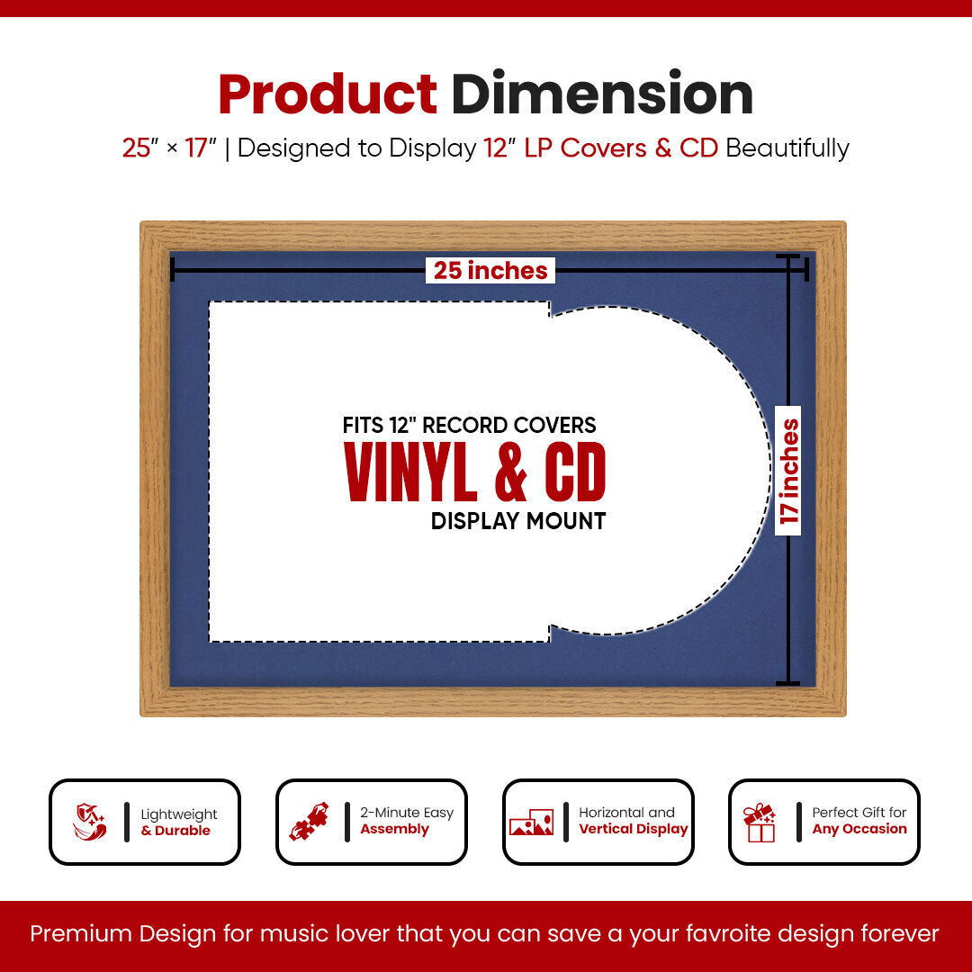 25X17" Oak Modern Vinyl Record Frame With Blue Mount For Overlapped 12" LP Cover & Disc