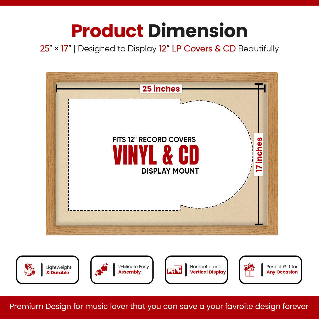 25X17" Oak Modern Vinyl Record Frame With Ivory Mount For Overlapped 12" LP Cover & Disc