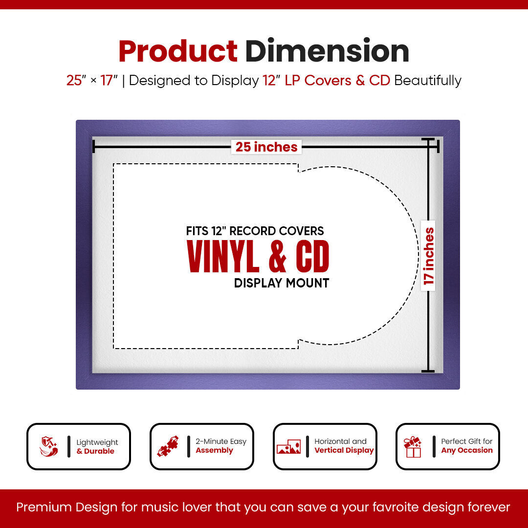 25X17" Purple Modern Vinyl Record Frame With Ice White Mount For Overlapped 12" LP Cover & Disc