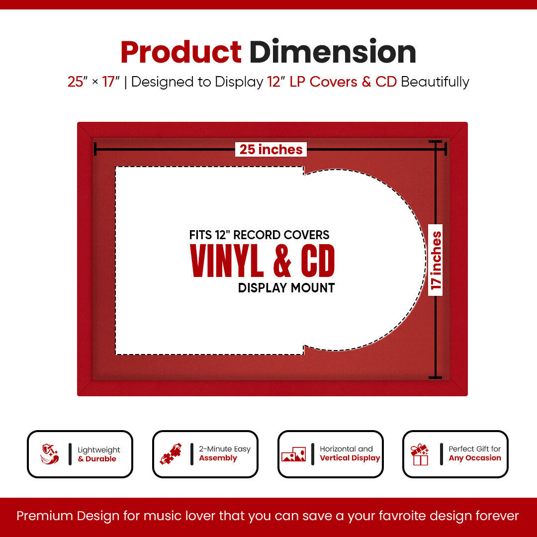 25X17"  Modern Vinyl Record Frame With Crimson Mount For 12" LP Cover & Disc (Overlapped)