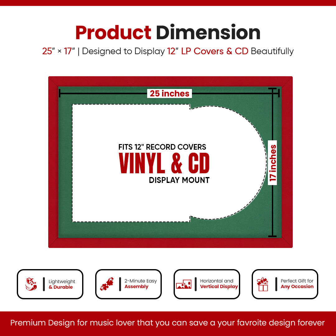 25X17"  Modern Vinyl Record Frame With Emerald (Green) Mount For 12" LP Cover & Disc (Overlapped)