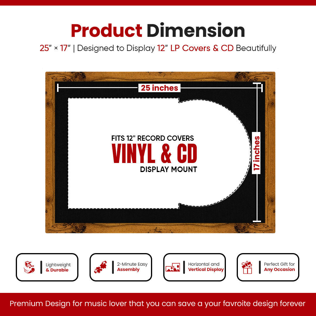 25X17" Rustic Oak Modern Vinyl Record Frame With Black Mount For Overlapped 12" LP Cover & Disc - Elegant Display Design