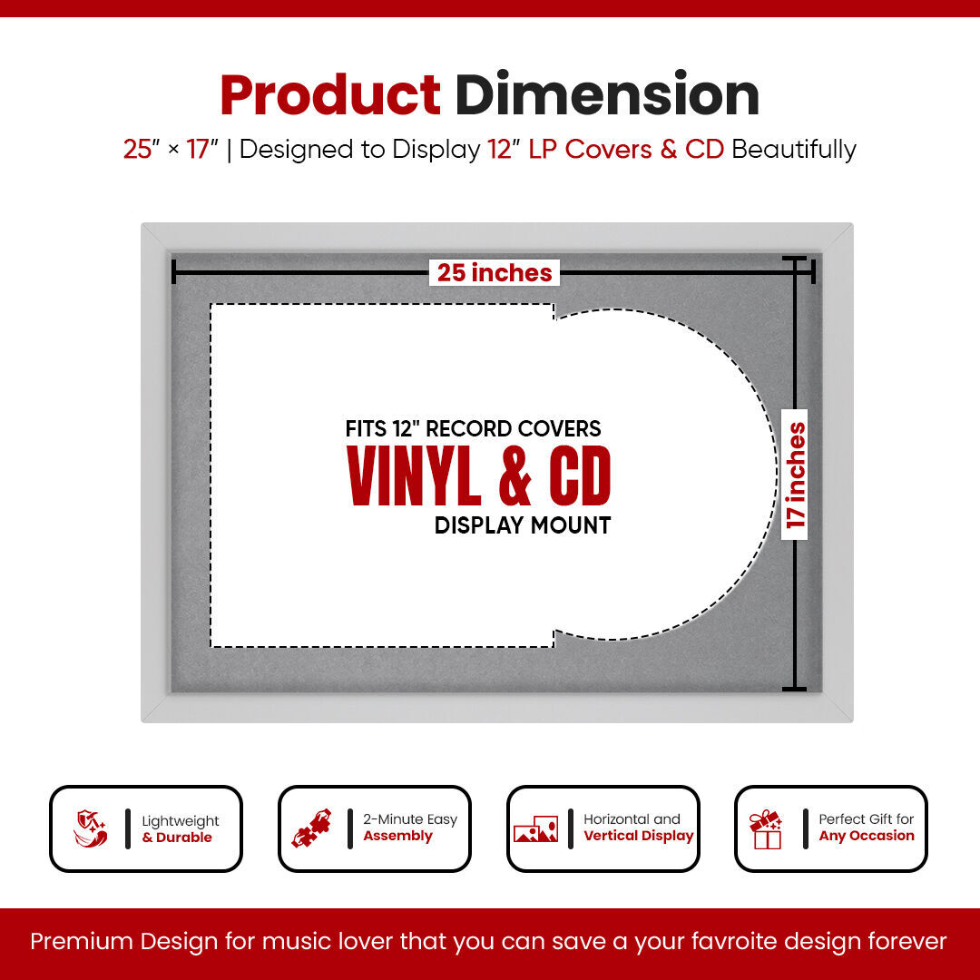 25X17" Silver Modern Vinyl Record Frame With Mid Grey Mount For Overlapped 12" LP Cover & Disc
