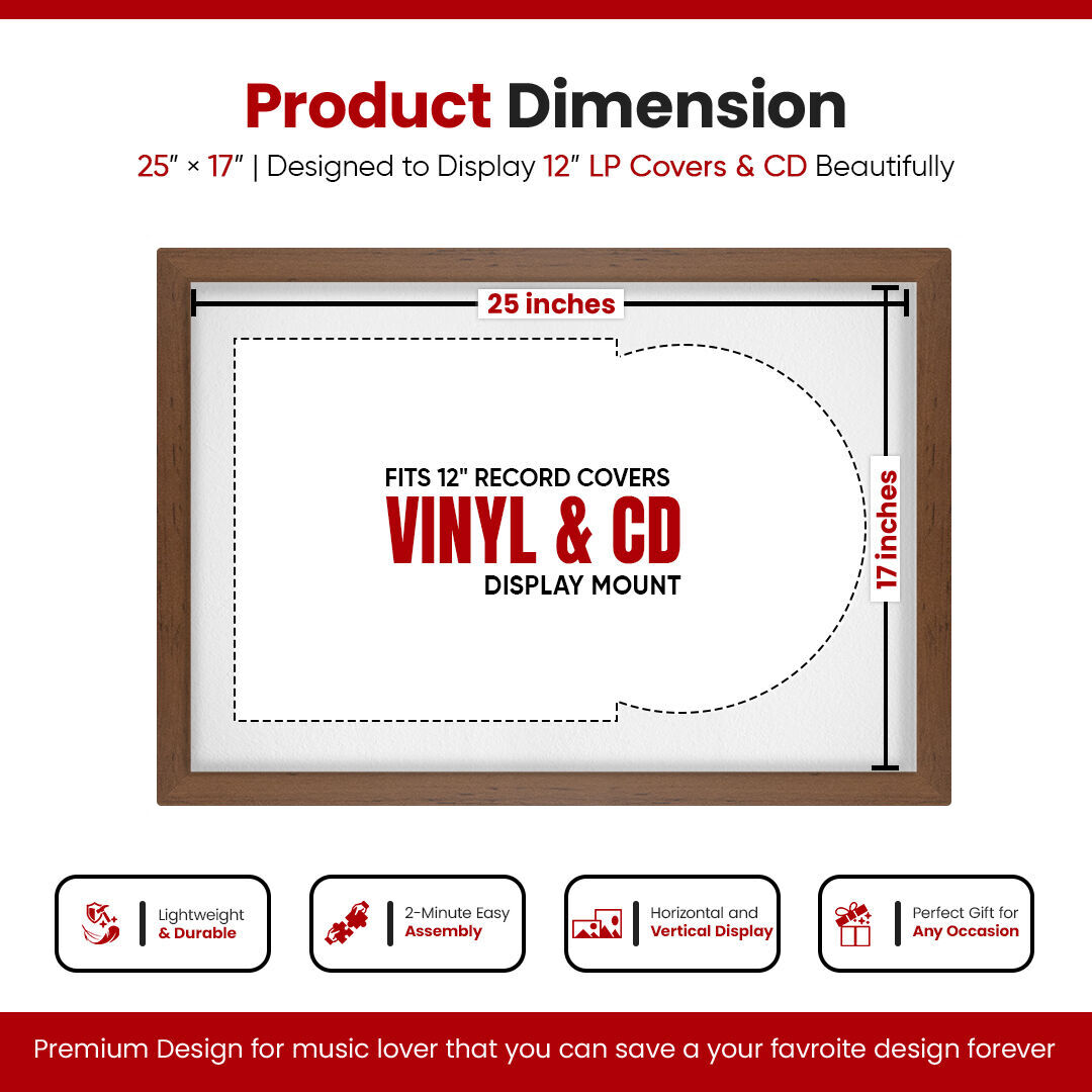 25X17" Walnut Modern Vinyl Record Frame With Ice White Mount For Overlapped 12" LP Cover & Disc - Elegant Display Design