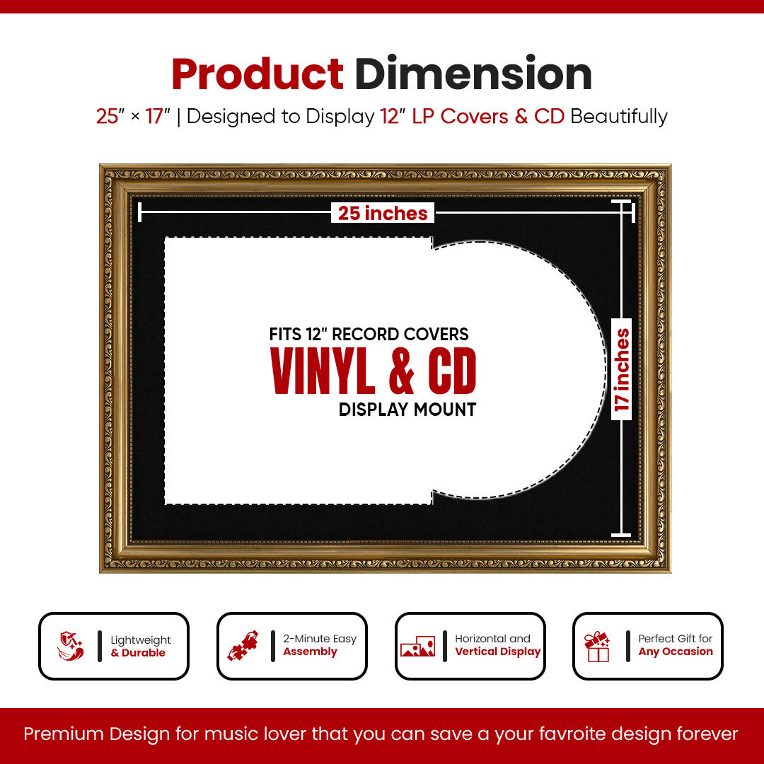 25x17" Ornate Gold Vintage Vinyl Record Frame With Black Mount For 12" LP Cover & Disc (Overlapped)