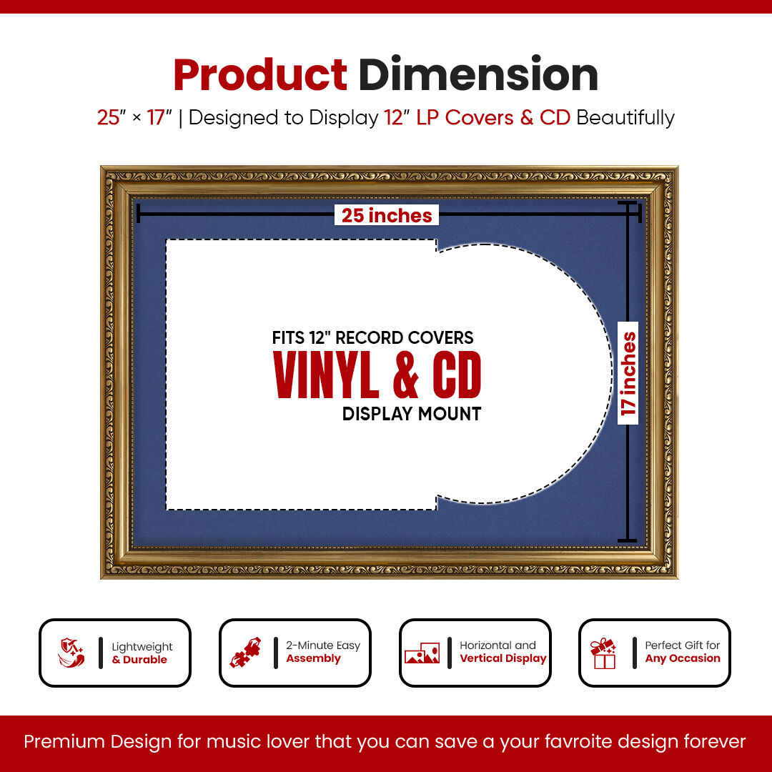 25x17" Ornate Gold Vintage Vinyl Record Frame With Blue Mount For 12" LP Cover & Disc (Overlapped)
