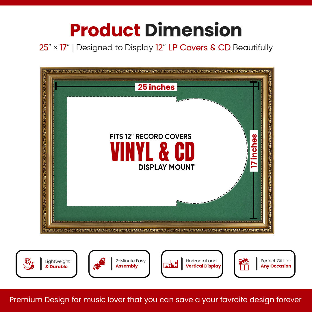 25x17" Ornate Gold Vintage Vinyl Record Frame With Emerald Green Mount For 12" LP Cover & Disc (Overlapped)