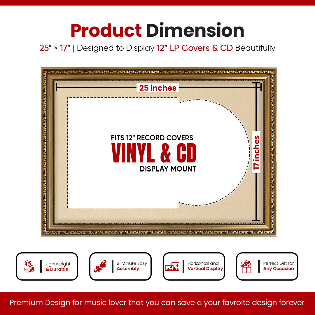 25x17" Ornate Gold Vintage Vinyl Record Frame With Ivory Mount For 12" LP Cover & Disc (Overlapped)