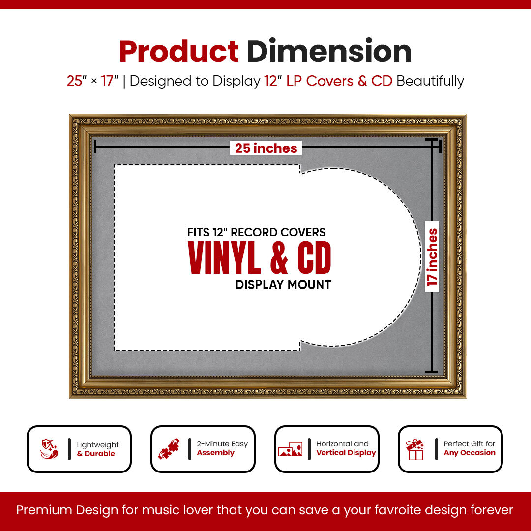 25x17" Ornate Gold Vintage Vinyl Record Frame With Mid Grey Mount For 12" LP Cover & Disc (Overlapped)