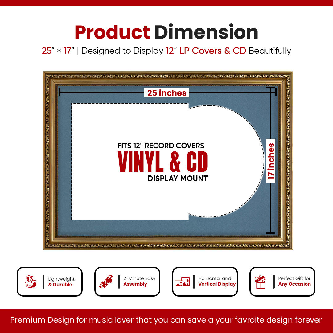 25x17" Ornate Gold Vintage Vinyl Record Frame With Pompadour Mount For 12" LP Cover & Disc (Overlapped)